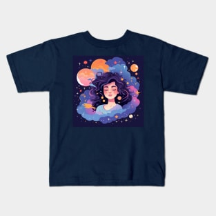 Woman with sweet dreams concept Young girl with galaxy and universe at hairs Kids T-Shirt